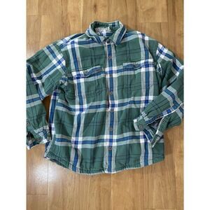 Duluth Flannel Shirt Jacket Lg Snap Front Fleece Lined Long Sleeve Green Plaid